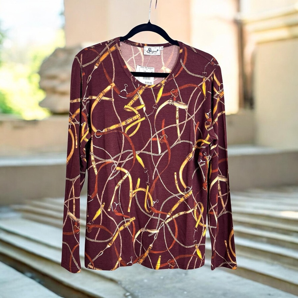 Sogni Top Equestrian Print Long Sleeve Burgundy Gold Made in Italy Sz 42 US S-M‎